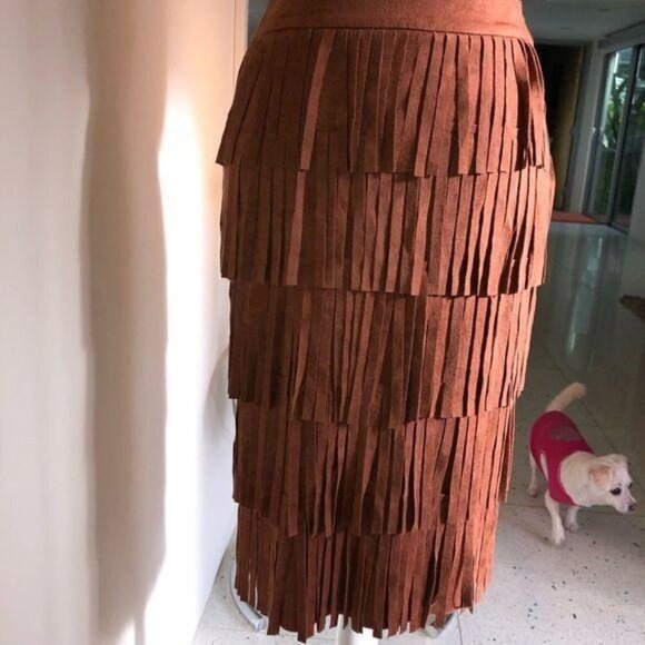 J.O.A. Los Angeles Fringe Skirt Small Brown Lined Hidden Side Zipper Hook Eye - Picture 5 of 10